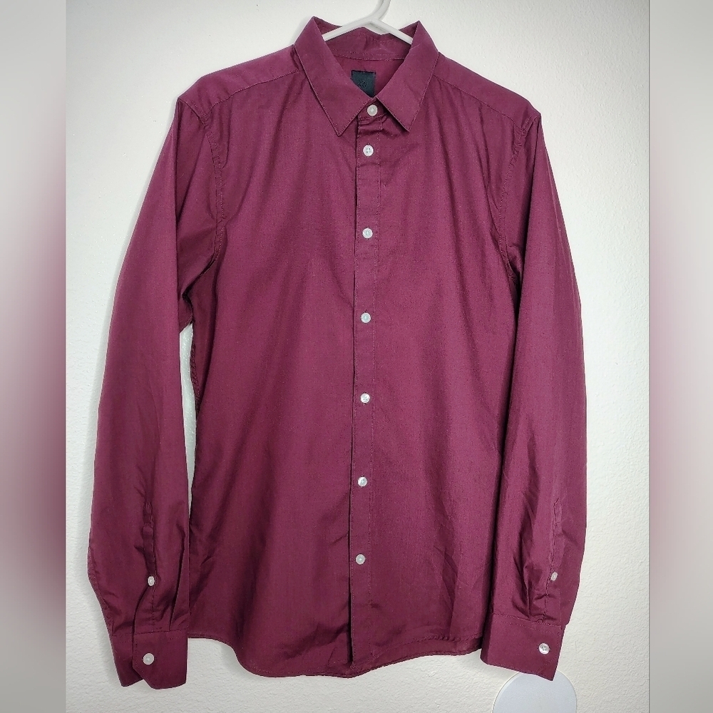 H&M Men's Burgundy Slim Fit Long Sleeve Collared Dress Shirt Sz M Cotton Blend